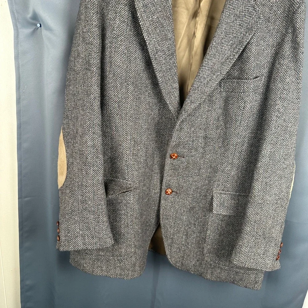 Vintage Pendleton Mens Grey Herringbone Wool Blazer Suede Elbow Patches 48 Long